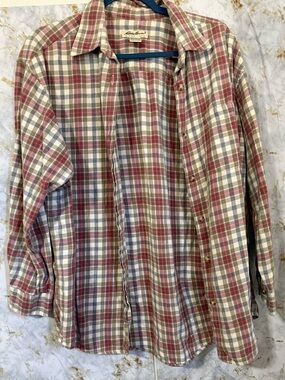 Eddie Bauer Plaid Button-Up Shirt in Red, Cream & Gray